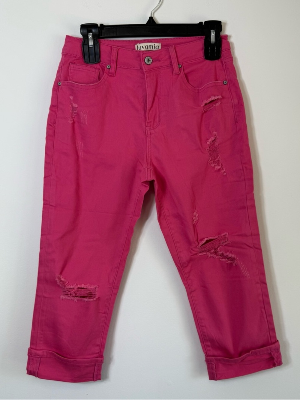 NWT luvamia Hot Pink Distressed Capri Jeans Ripped Cropped Denim Barbiecore Sm